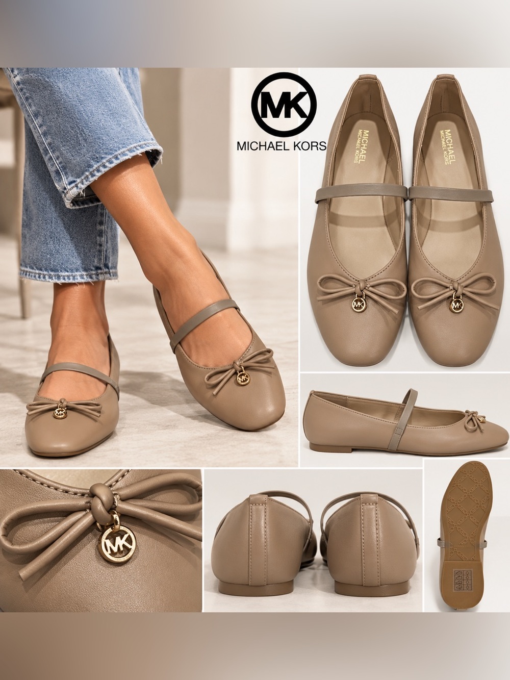 Michael Kors MK Taupe Mary Jane Ballet Flats Bow Charm Women’s Size 7 NWOB